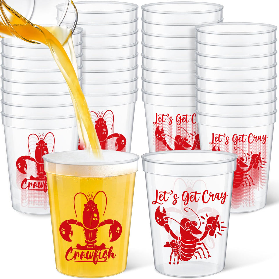 Funnymoom red crawfish cups with bold graphics for 16oz beverages