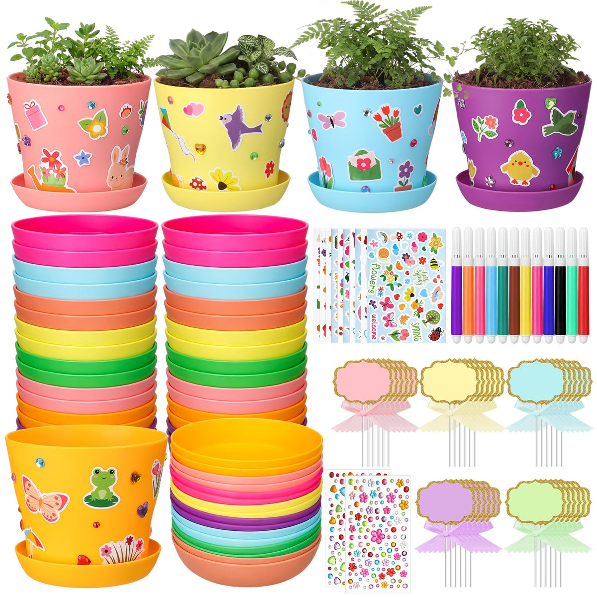 Funnymoom 48-pc garden pot kit with colorful pots for kid-friendly DIY projects