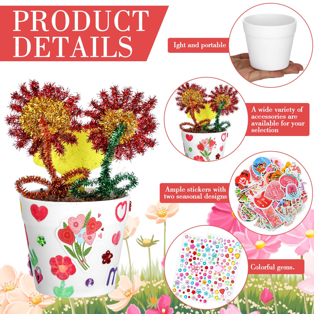 Funnymoom twist rods and floral stickers finish personalized pots