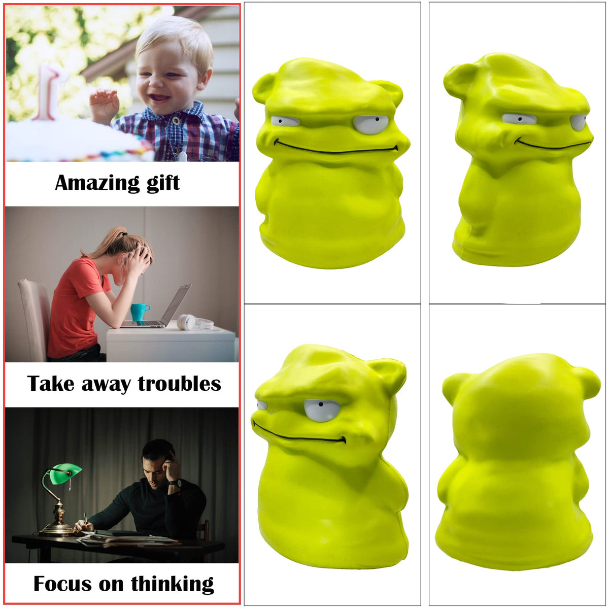 Funnysquee green monster squishy highlighting stress relief benefits and visual appeal.