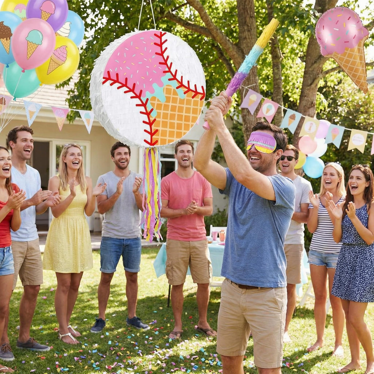 FunooFuno baseball pinata hanging as a colorful party backdrop