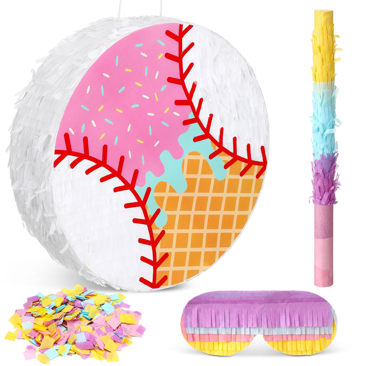 FunooFuno ice cream drip baseball pinata setup for festive decoration and candy reveal