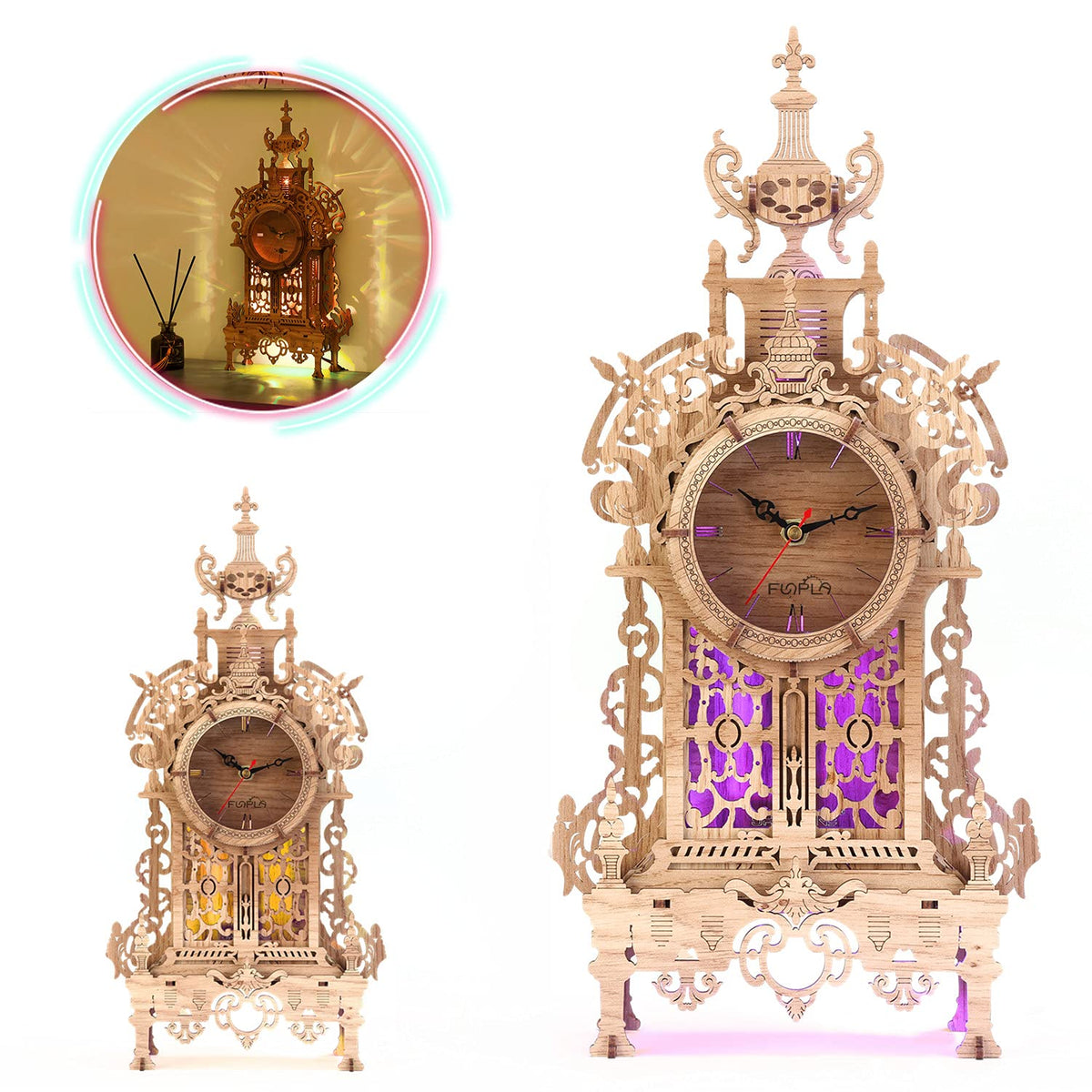 FUNPOLA 3D wood puzzle LED tower clock assembled model ready for desktop display