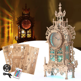 FUNPOLA 3D wood puzzle LED tower clock parts laid out for easy assembly