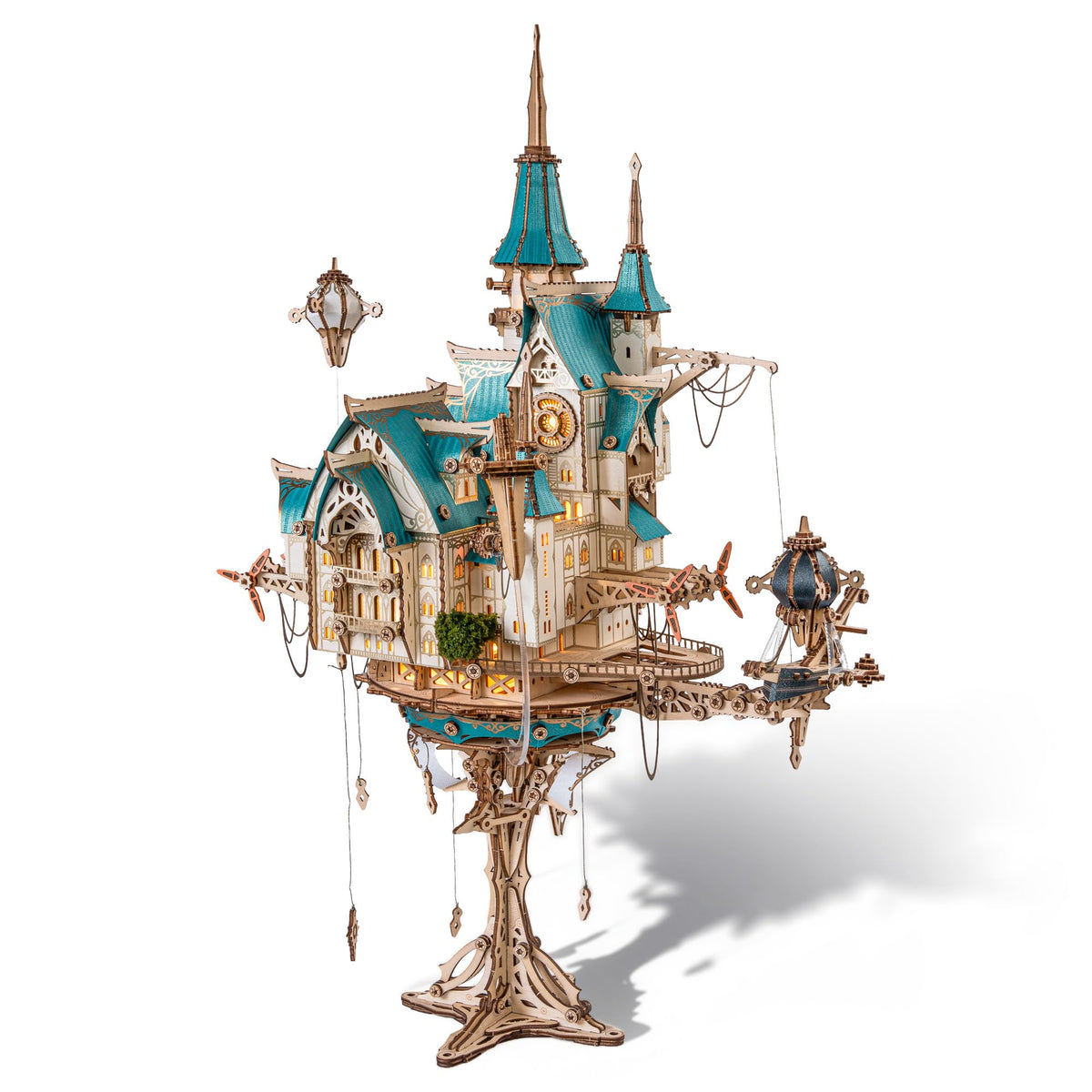 FUNPOLA 3D wooden puzzle steam castle display highlights steampunk style for desk decor and conversation.
