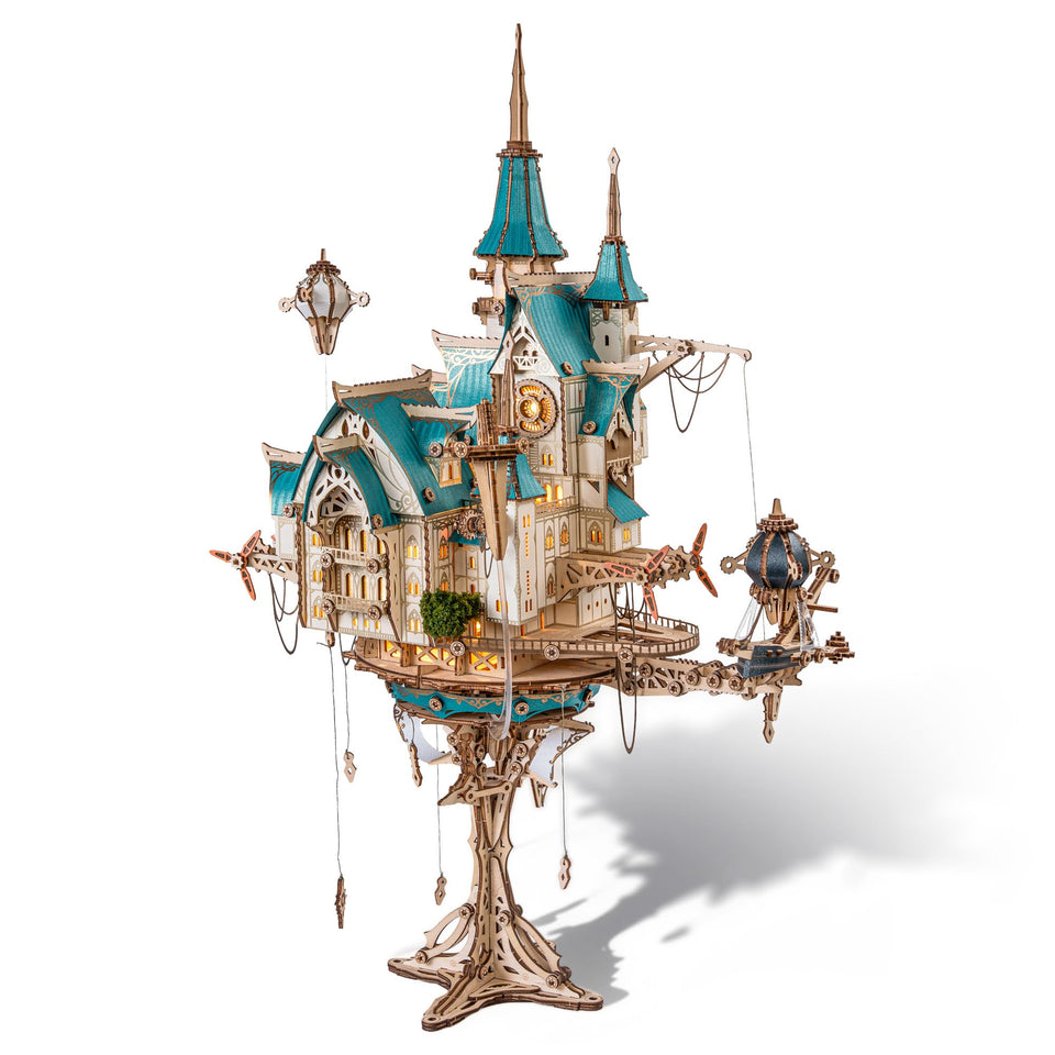 FUNPOLA 3D wooden puzzle steam castle display highlights steampunk style for desk decor and conversation.
