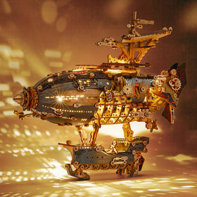 FUNPOLA LED 3D airship hull with intricate wood detailing for display.