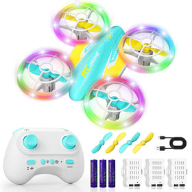 FUNPX LED RC Drone for Kids blue yellow front view with beginner-friendly design for safe indoor play.