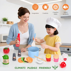 Funpynani blue fruits and vegetables set boosts sorting and categorization skills.