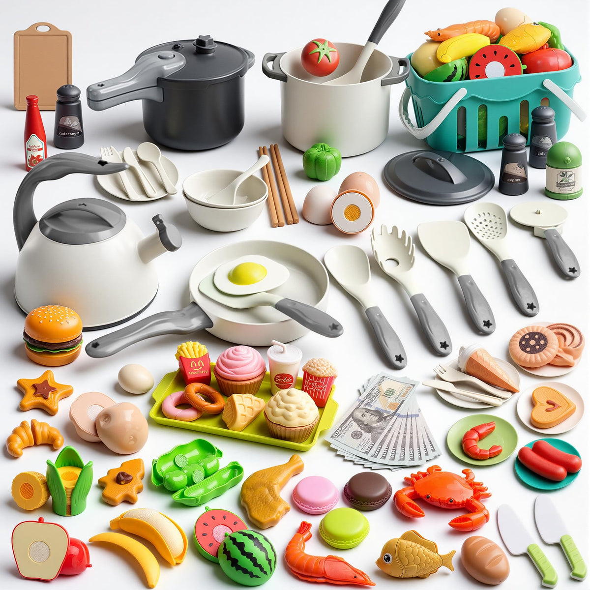 Funpynani 130-piece kitchen playset pots and pans for imaginative cooking.