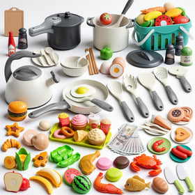 Funpynani 130-piece kitchen playset pots and pans for imaginative cooking.