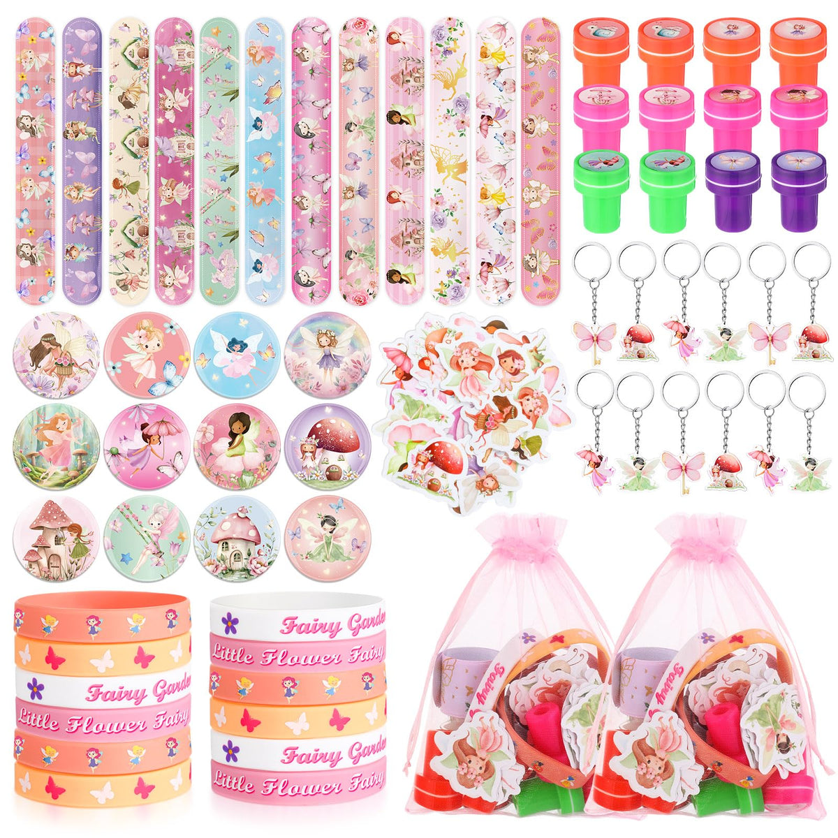 Funrous woodland fairy party favors pack — colorful decorations for a magical event.