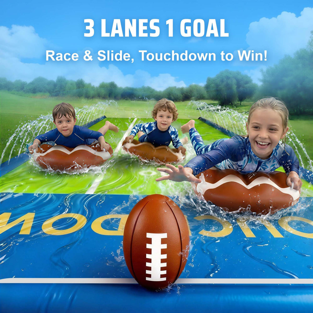 Three-lane water slide with rugby-style bodyboards ready for races