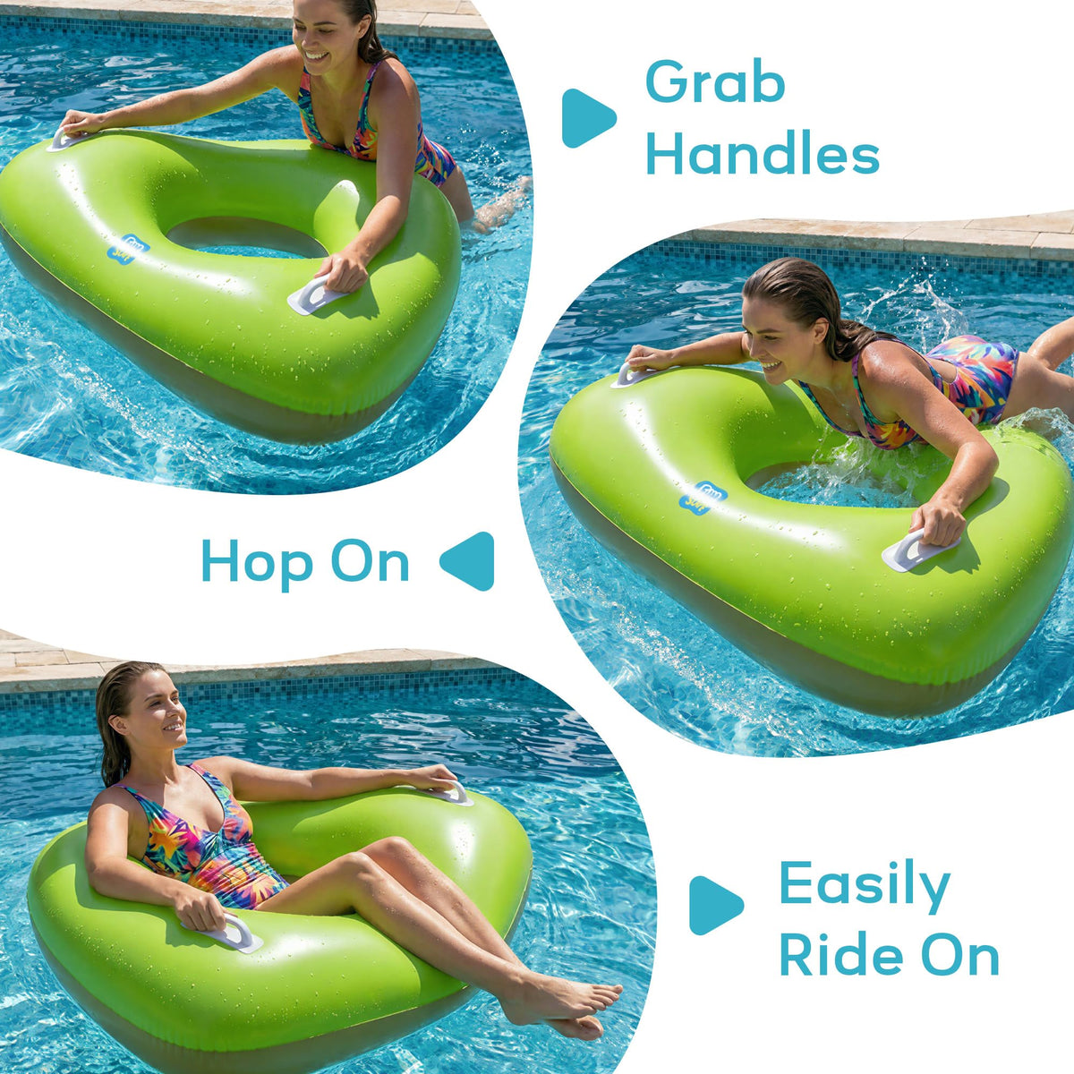 Funscape 44in pool ring cyan top view, ideal for group pool play and sunbathing.