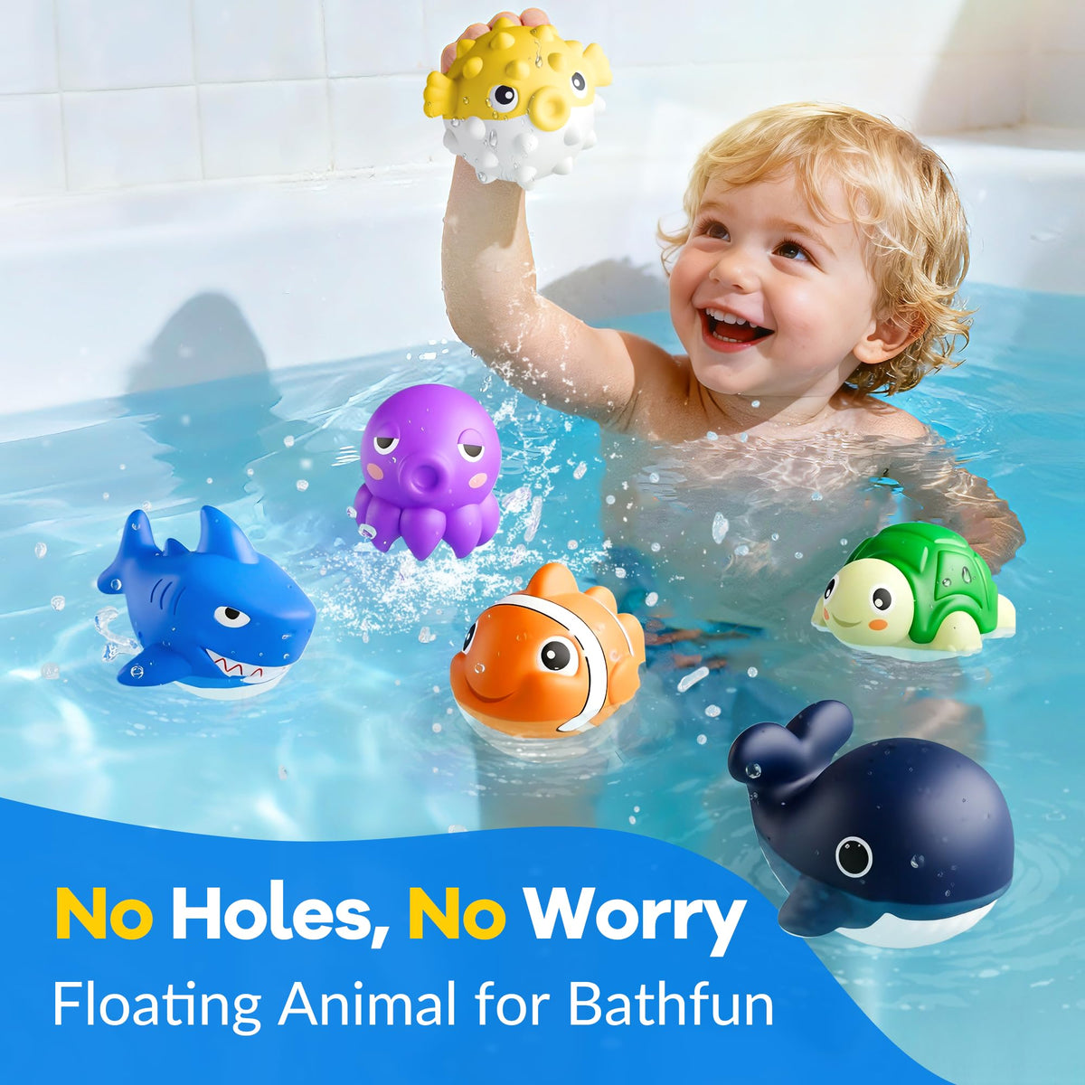 Funscape bath-time animals double as toys, easing water drainage after baths.