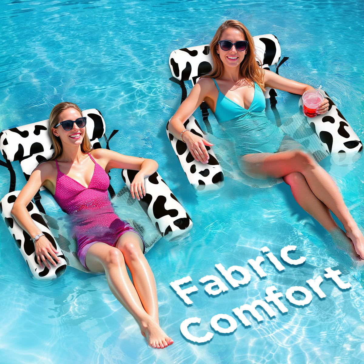 Funscape Cow pool float chair offers cool, comfortable lounging water-side for long pool days.