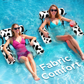 Funscape Cow pool float chair offers cool, comfortable lounging water-side for long pool days.