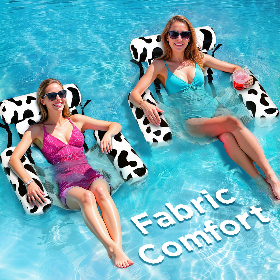 Funscape Cow pool float chair offers cool, comfortable lounging water-side for long pool days.