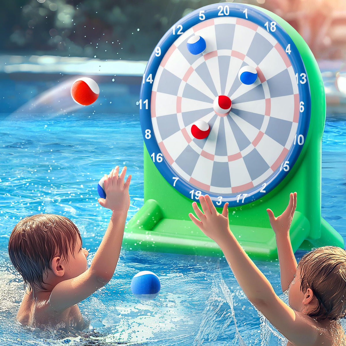 Funscape inflatable dart board in pool for durable water play.