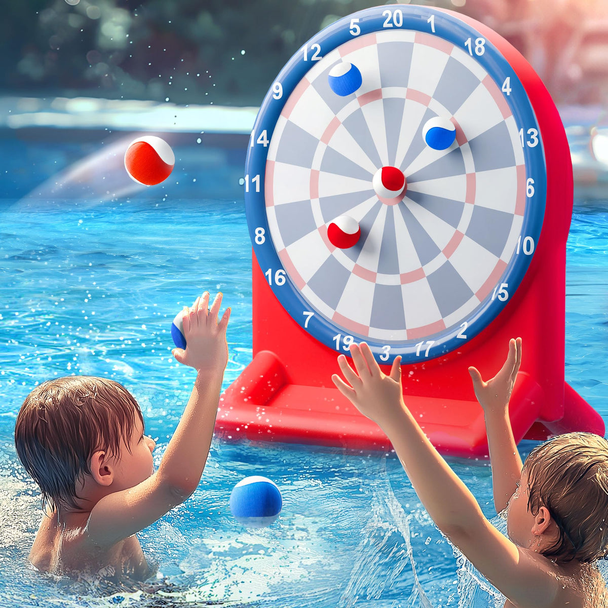 Funscape inflatable dart board pool for family friendly water play.