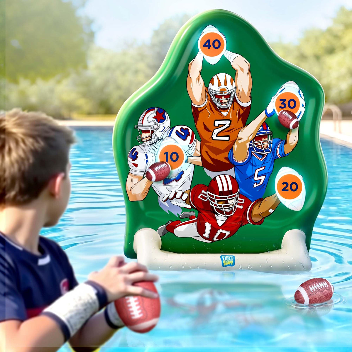 Funscape inflatable dart board boosts hand-eye coordination during water play.
