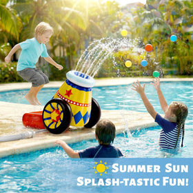 Funscape water spray image shows continuous hose spray cooling kids during play.
