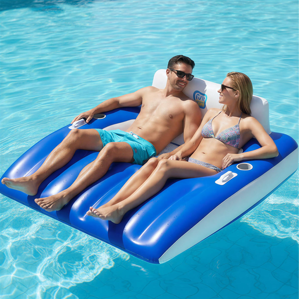 Funscape inflatable pool lounge blue closeup showing ergonomic cradle for comfortable lounging