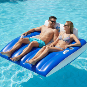 Funscape inflatable pool lounge blue closeup showing ergonomic cradle for comfortable lounging
