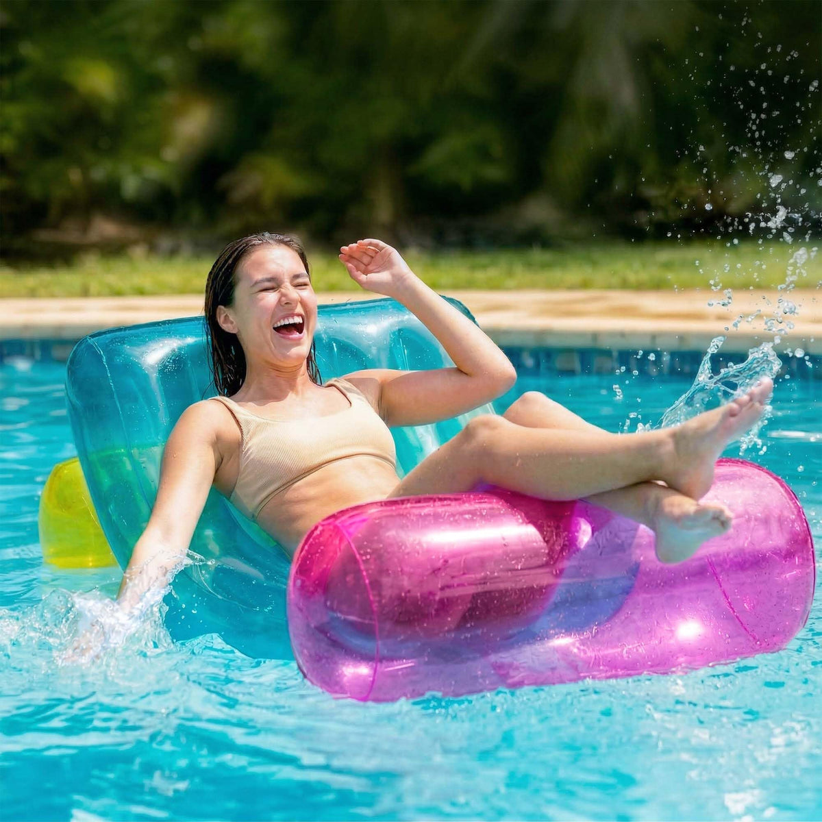 Funscape inflatable pool recliner lounger on poolside for stable sun-soaked lounging