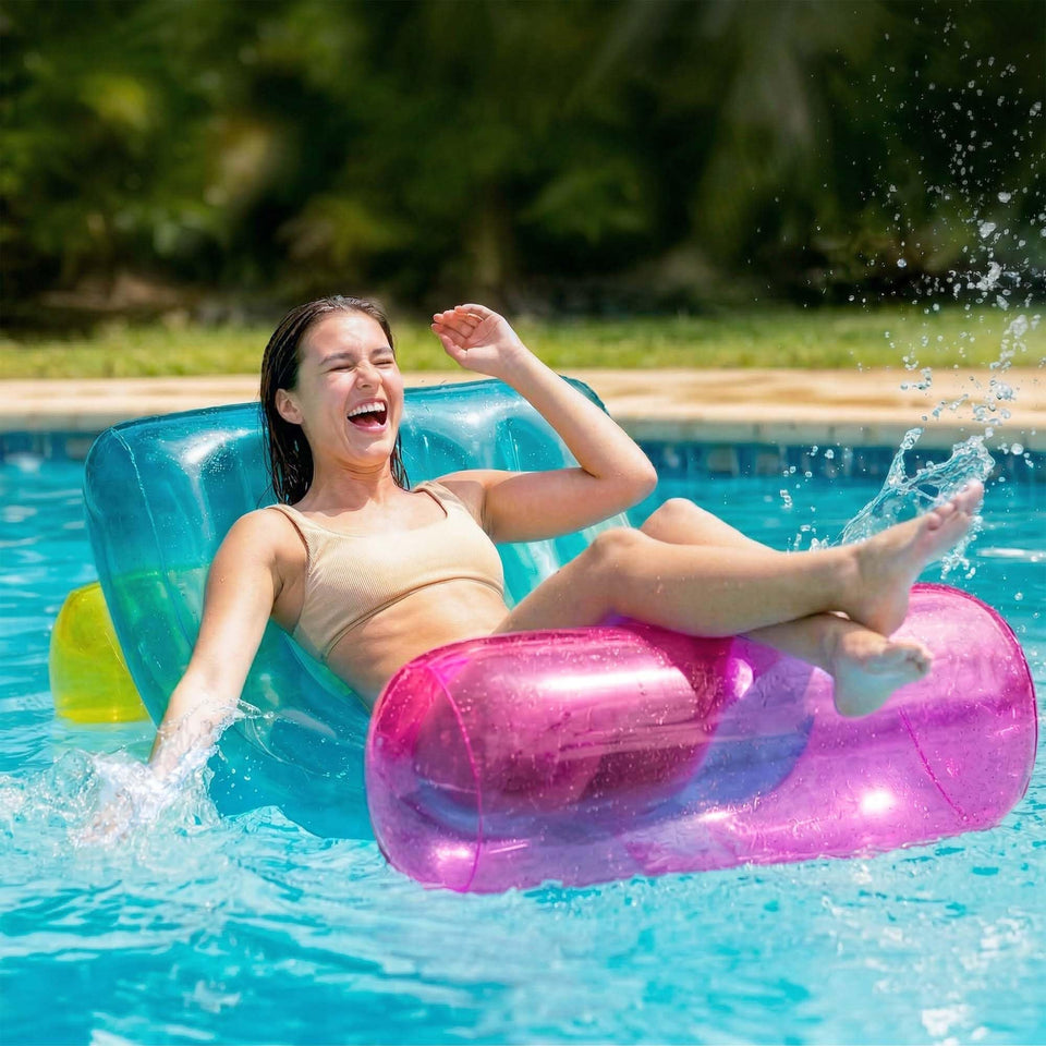Funscape inflatable pool recliner lounger on poolside for stable sun-soaked lounging