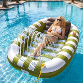 Funscape inflatable tanning pool float with pillow and cup holder for relaxing sunbathing
