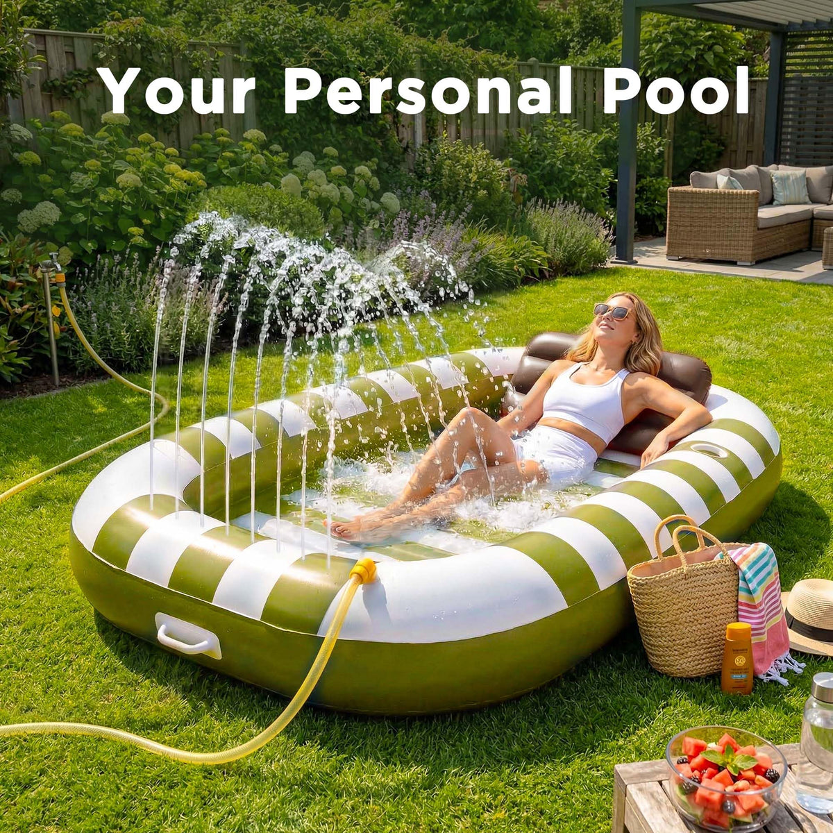Funscape pool float with tail sprinkler for cooling spray