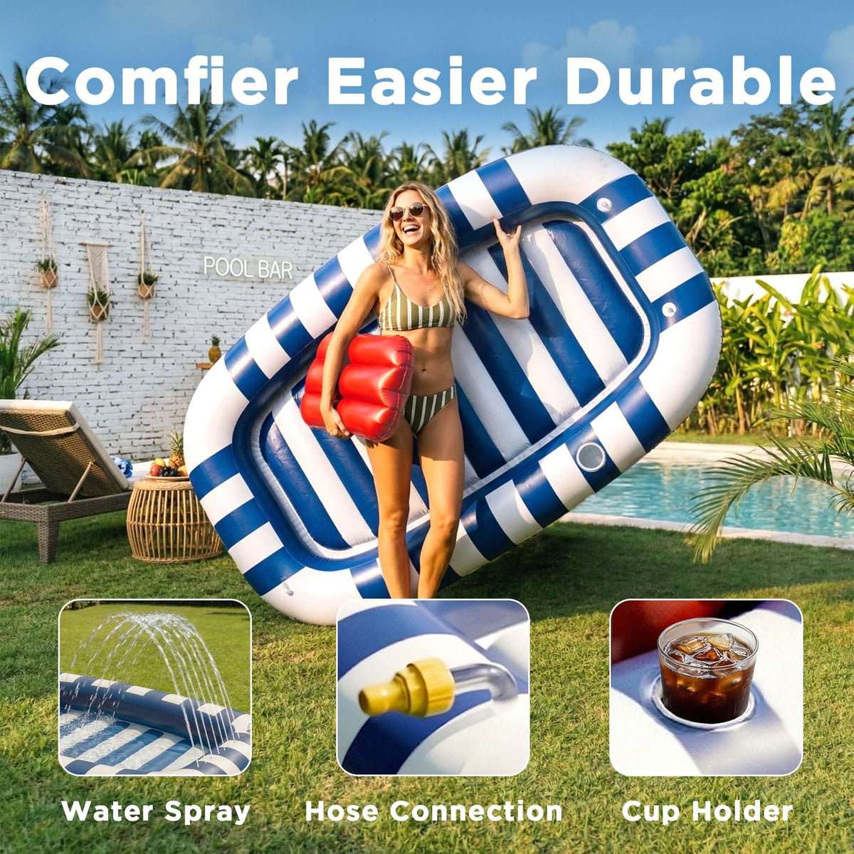 Funscape inflatable pool float uses thick material for sun and weather durability.