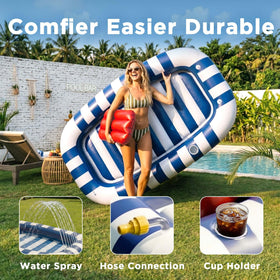 Funscape inflatable pool float uses thick material for sun and weather durability.