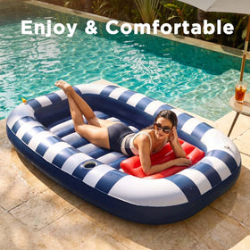 Funscape inflatable pool float with pillow and cup holder for convenient lounging.