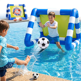 Funscape Kids Soccer Pool Toy inflatable goal enhances backyard play and teamwork.