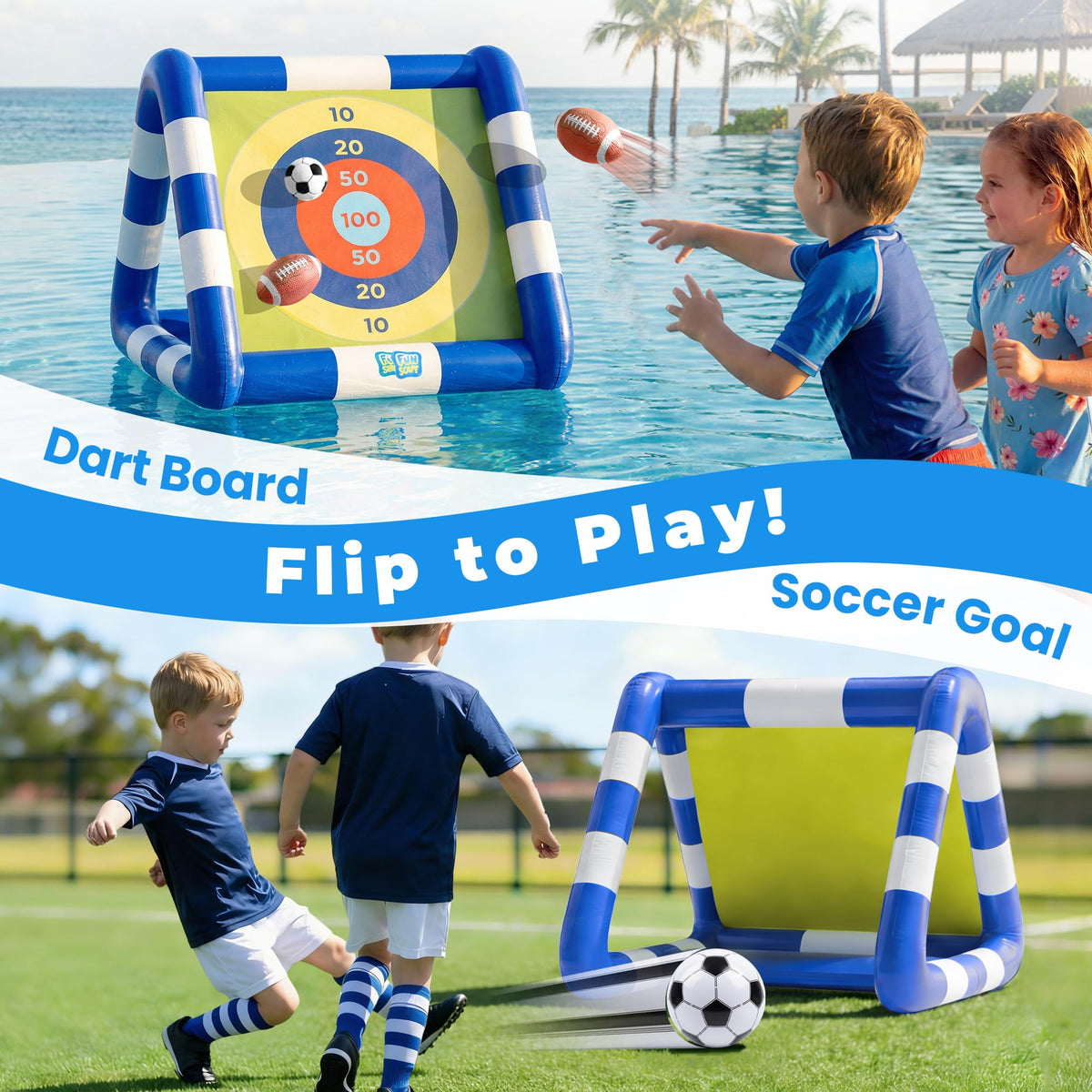 Funscape Kids Soccer Pool Toy soccer balls promote soft, safe play outdoors.