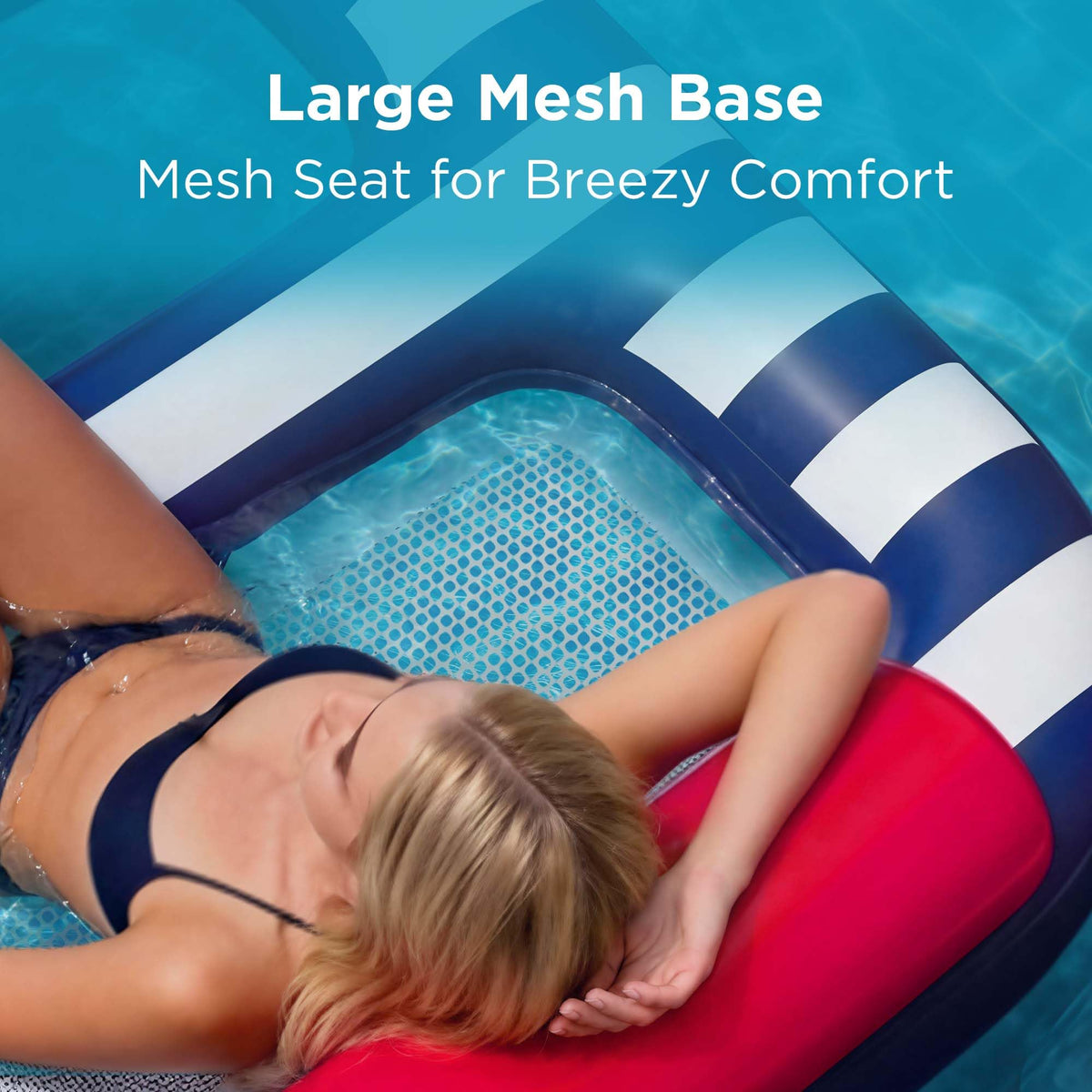 Funscape float showing bottom mesh and leg rest for cooling water contact