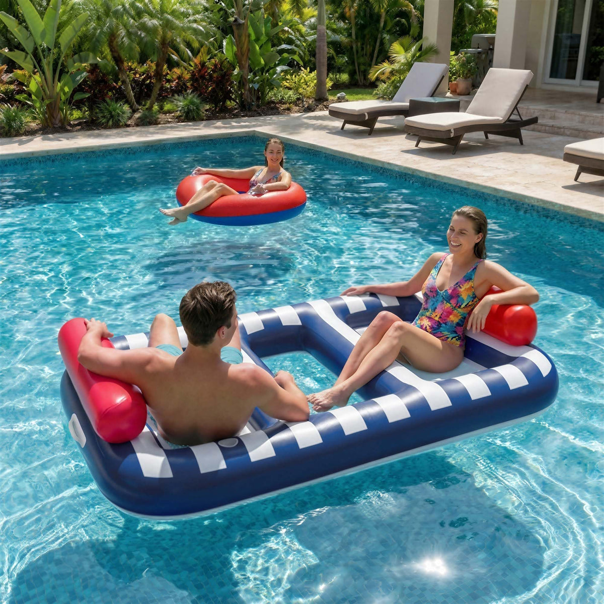 Funscape float with two cup holders and pillows for comfortable lounging