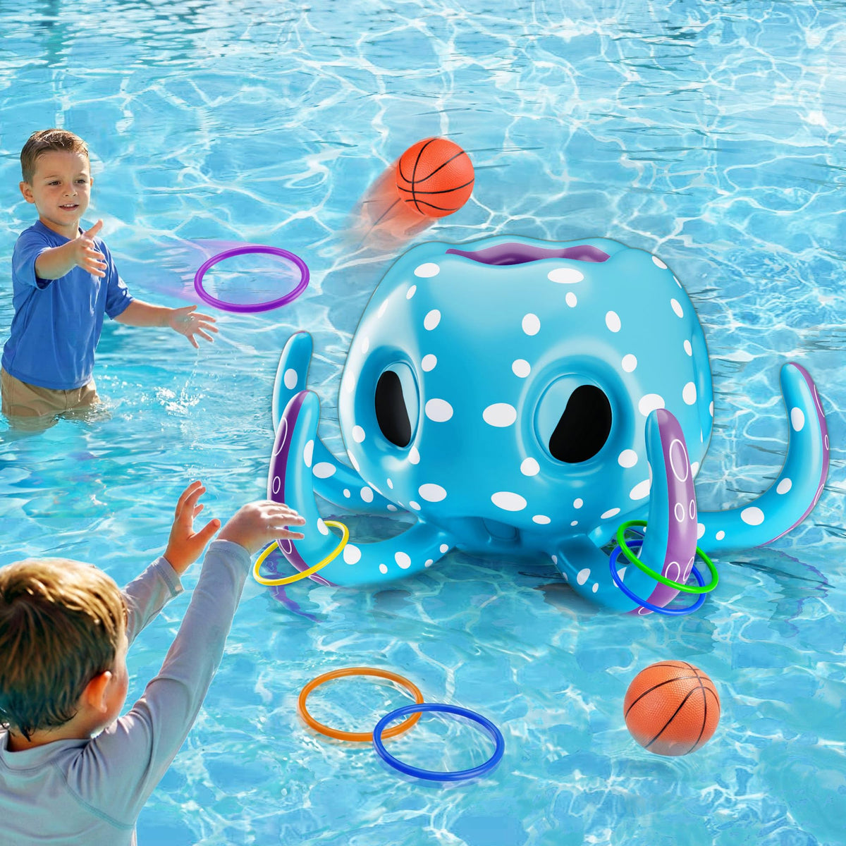Funscape Octopus pool hoop ready for splashy basketball games in the backyard