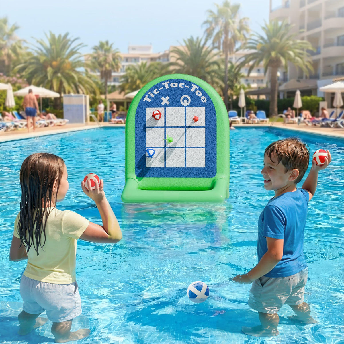 Kids with the pool games set including balls and darts for outdoor fun.