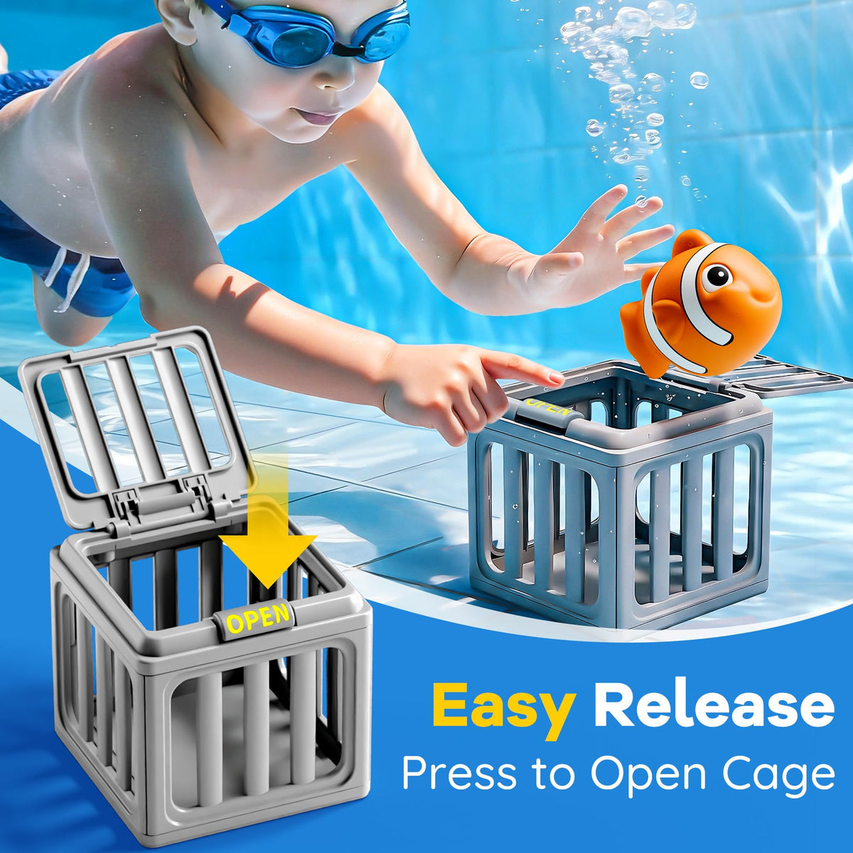 Funscape rescue cages surface when opened, encouraging active retrieval during pool games.
