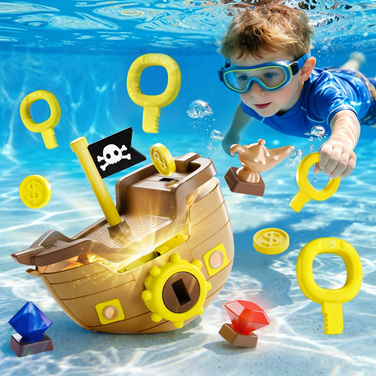 Funscape treasure pirate ship diving toy for underwater imagination and exploration.
