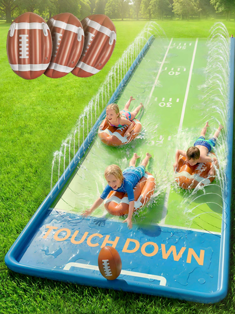 Funscape triple water slides in a backyard setting showing a fun, active family scene