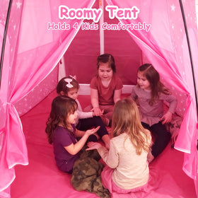 Funsland Princess Play Tent on lawn with 12 stakes for stable outdoor use.