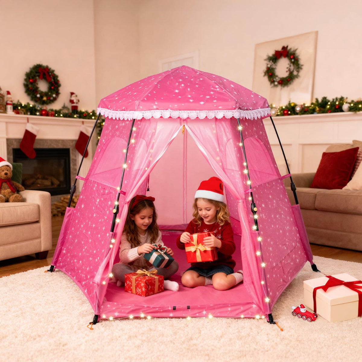 Funsland Princess Play Tent pink castle design inspires imaginative play.