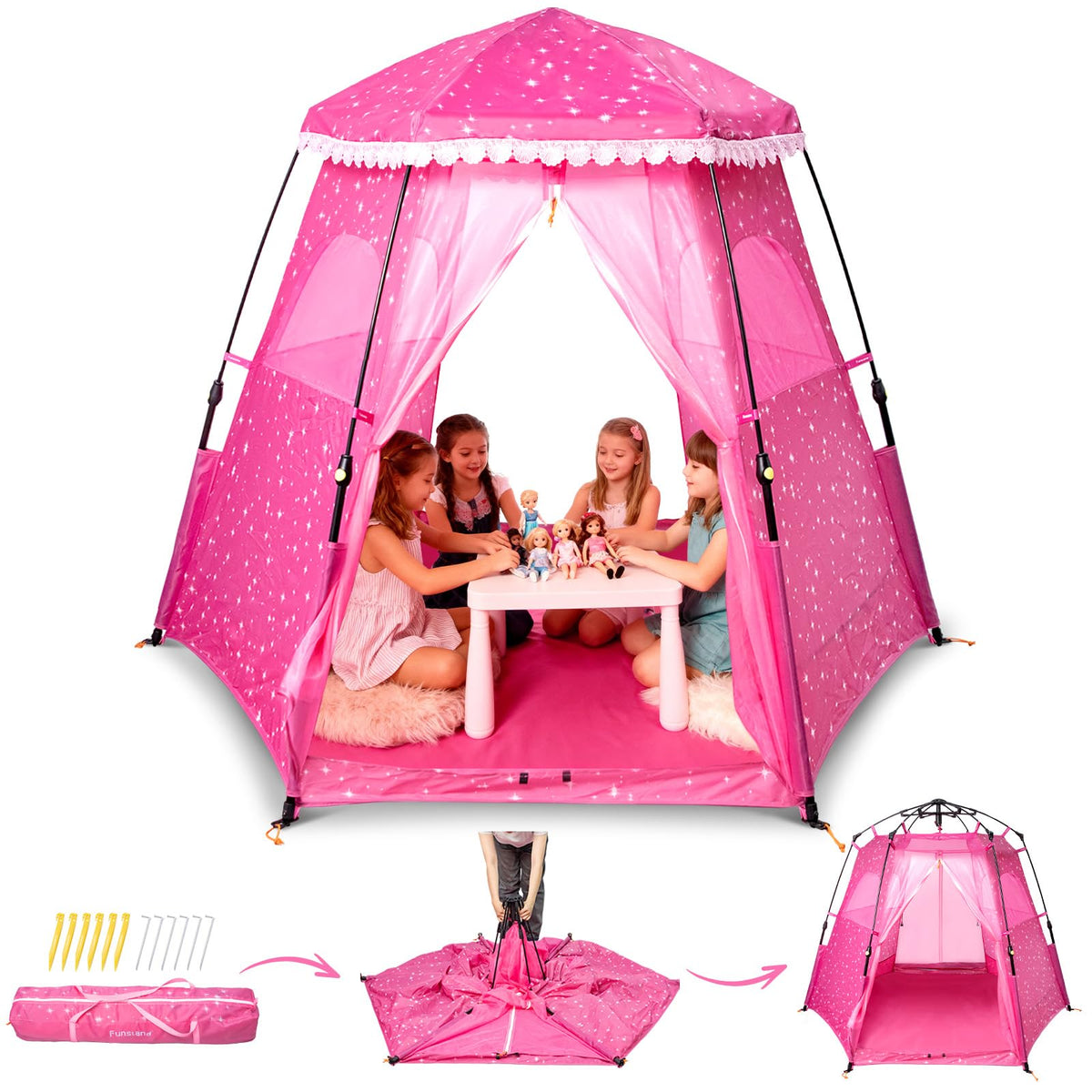 Funsland Princess Pop-up Play Tent opening quickly for easy setup.