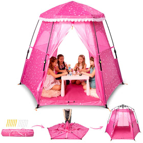 Funsland Princess Pop-up Play Tent opening quickly for easy setup.