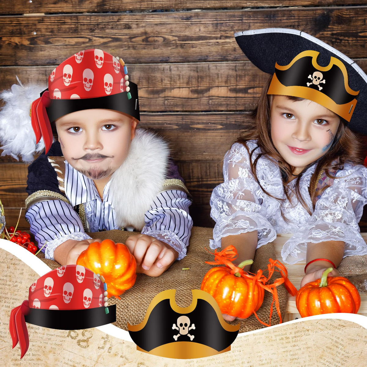 Funtery pirate hat designs feature bright colors and parrot motif for themed events
