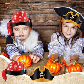 Funtery pirate hat designs feature bright colors and parrot motif for themed events